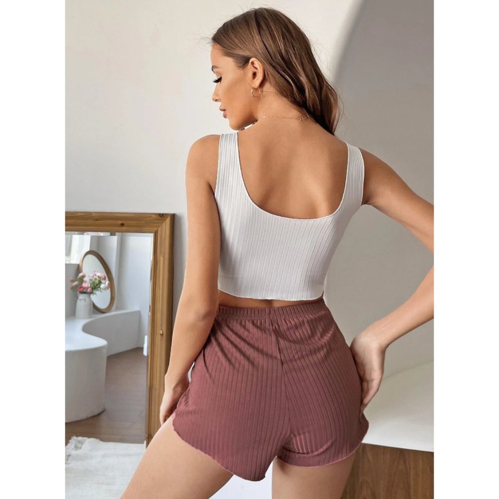 Ribbed Crop Top Tank Shorts Lounge Set - Picture 4 of 9